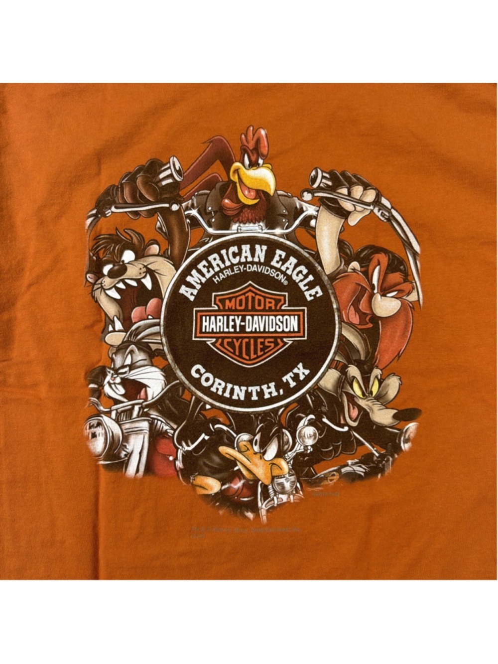 Y2K Harley Davidson American Eagle shirt Corinth TX Sz M Foghorn Leghorn Orange - Picture 4 of 8